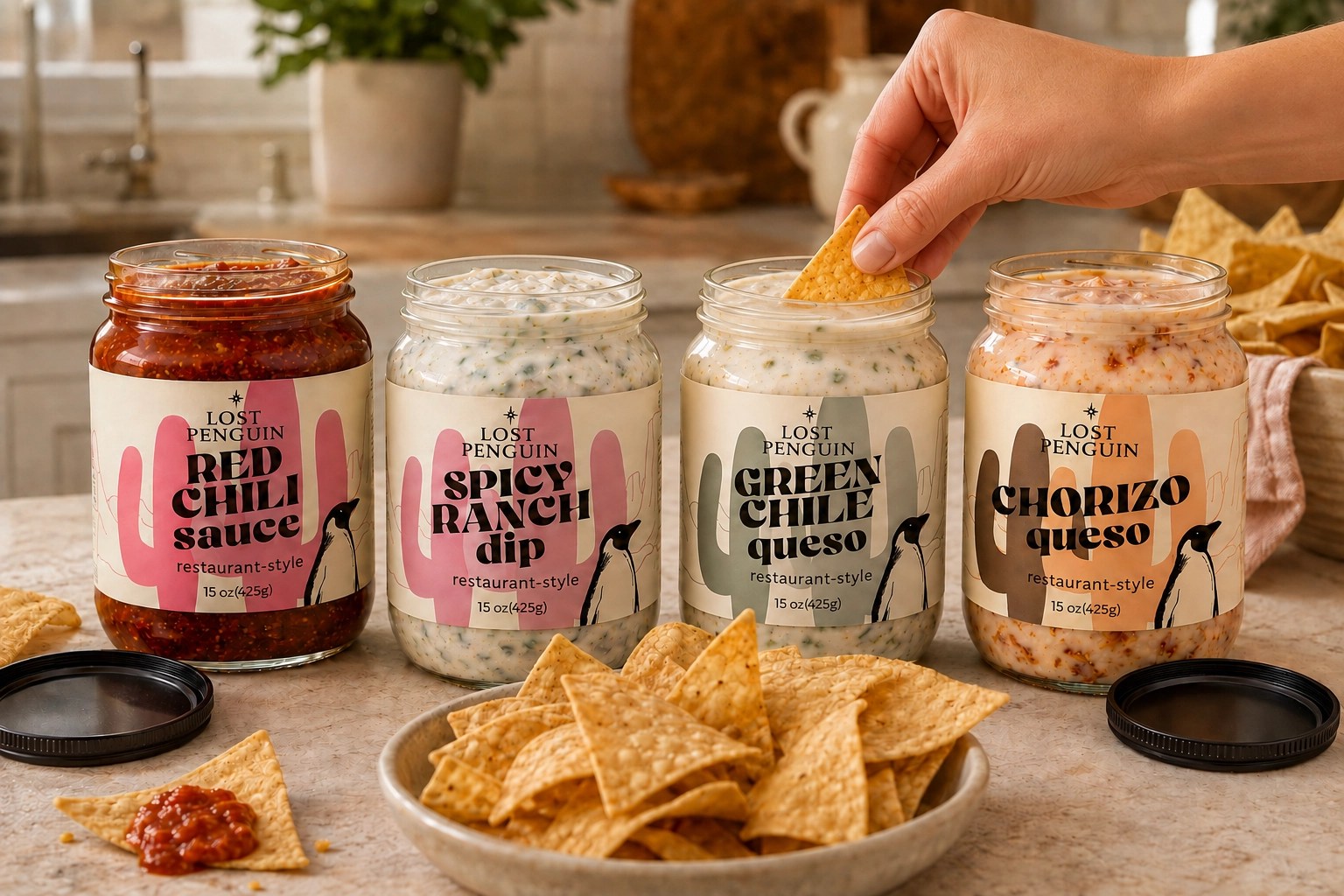 4 jars of Lost Penguin dips. Queso, red chili sauce and chorizo queso